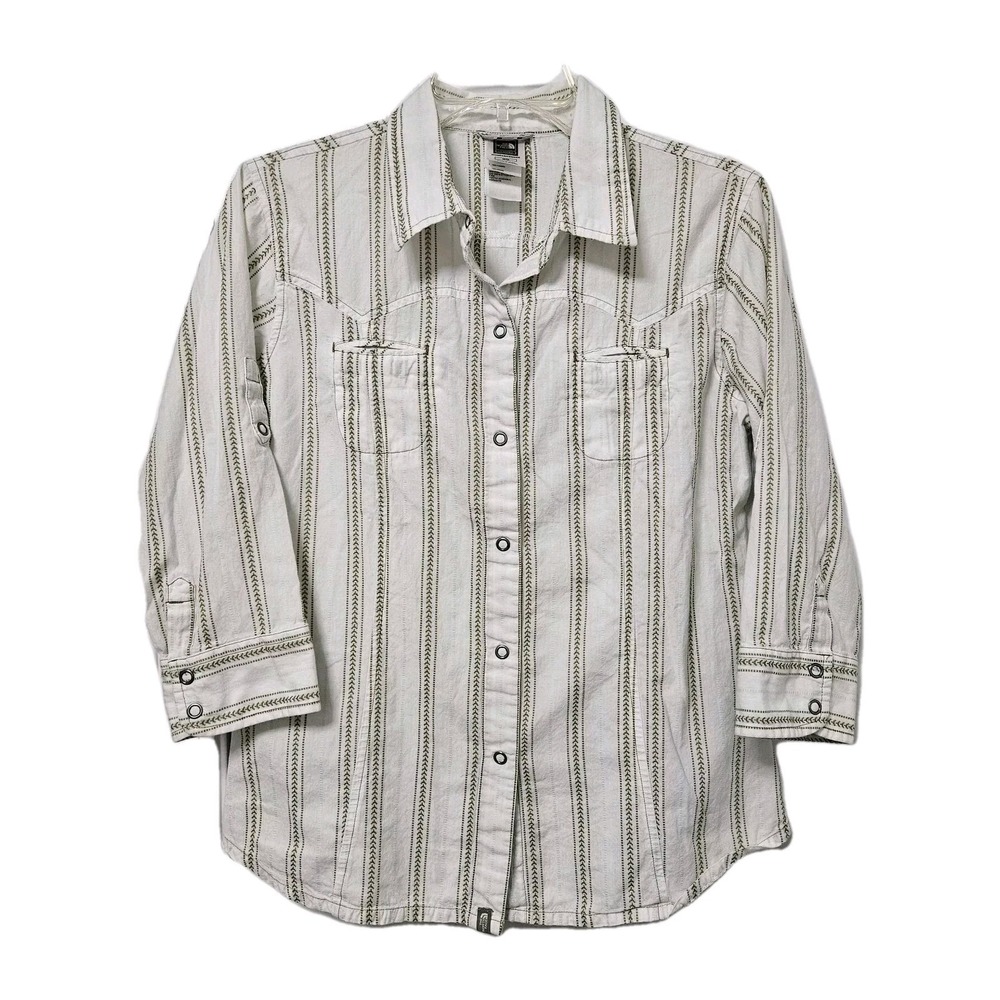 The North Face Shirt Women's Medium White Tan Striped Snaps 3/4 Sleeve Outdoor